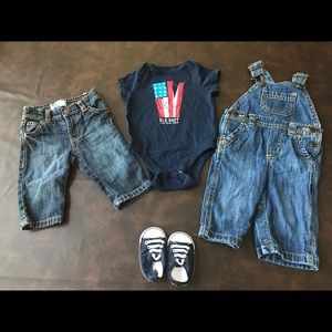 3-6 months Old Navy overalls, jeans & onesie